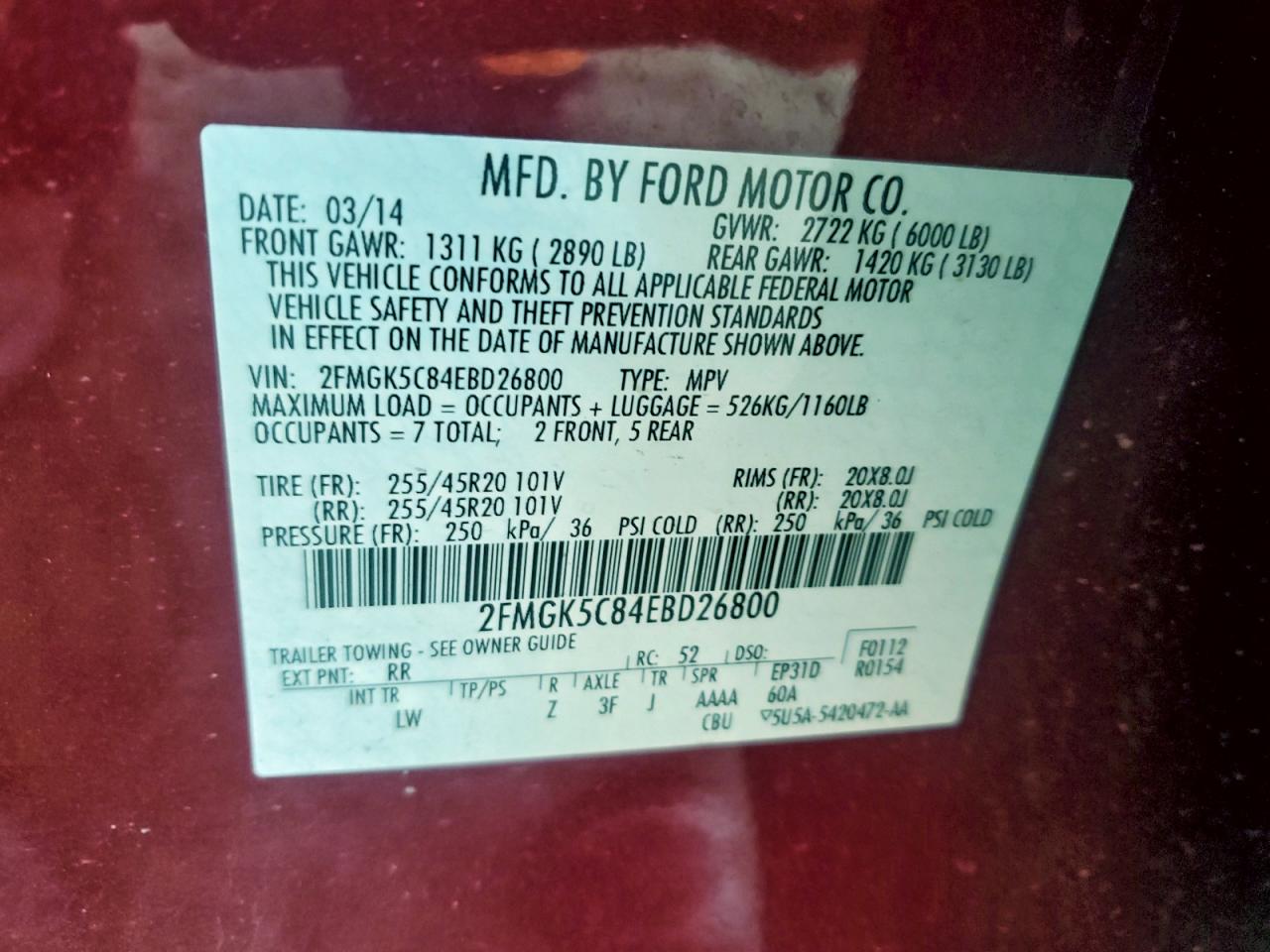 2014 Ford Flex Sel VIN: 2FMGK5C84EBD26800 Lot: 94559965