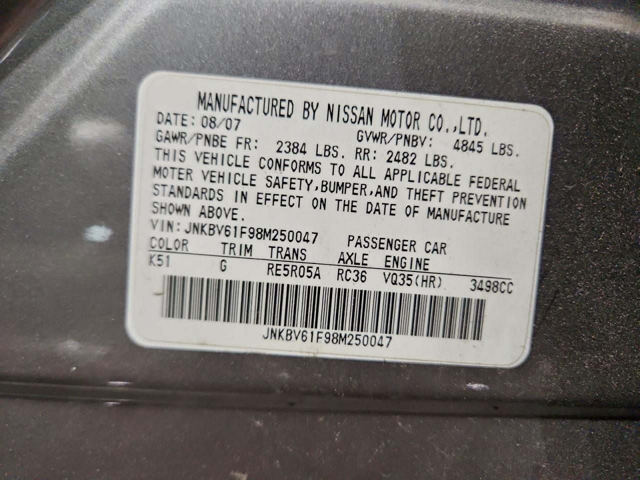 2008 Infiniti G35 VIN: JNKBV61F98M250047 Lot: 96967645
