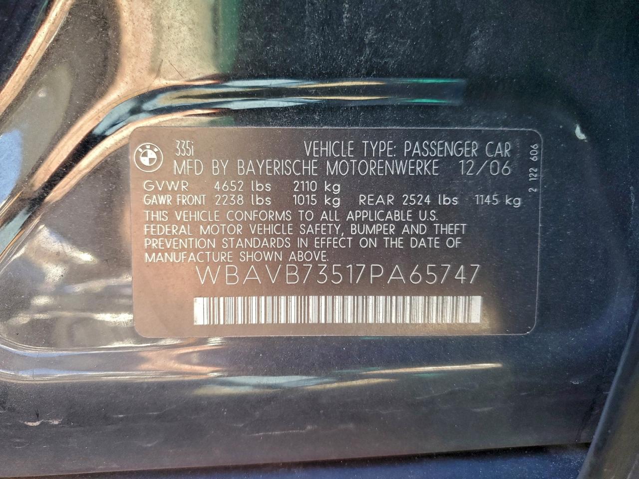 2007 BMW 335 I VIN: WBAVB73517PA65747 Lot: 93973435