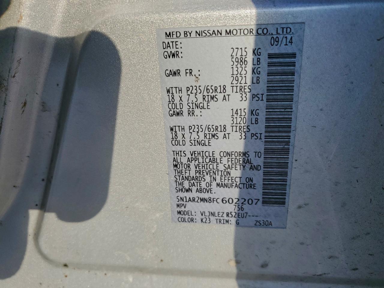 2015 Nissan Pathfinder S VIN: 5N1AR2MN8FC602207 Lot: 95943915