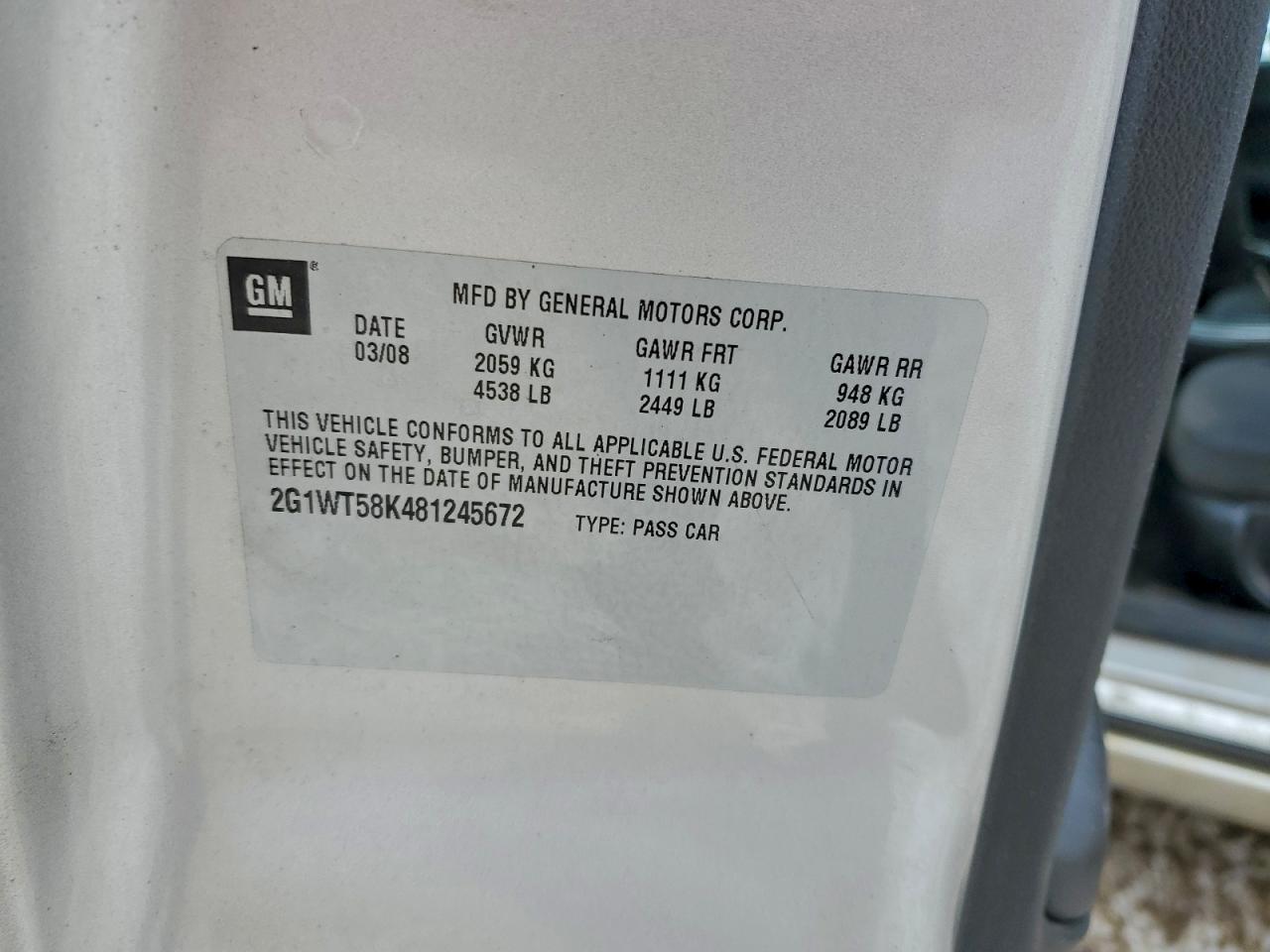 2008 Chevrolet Impala Lt VIN: 2G1WT58K481245672 Lot: 94361155