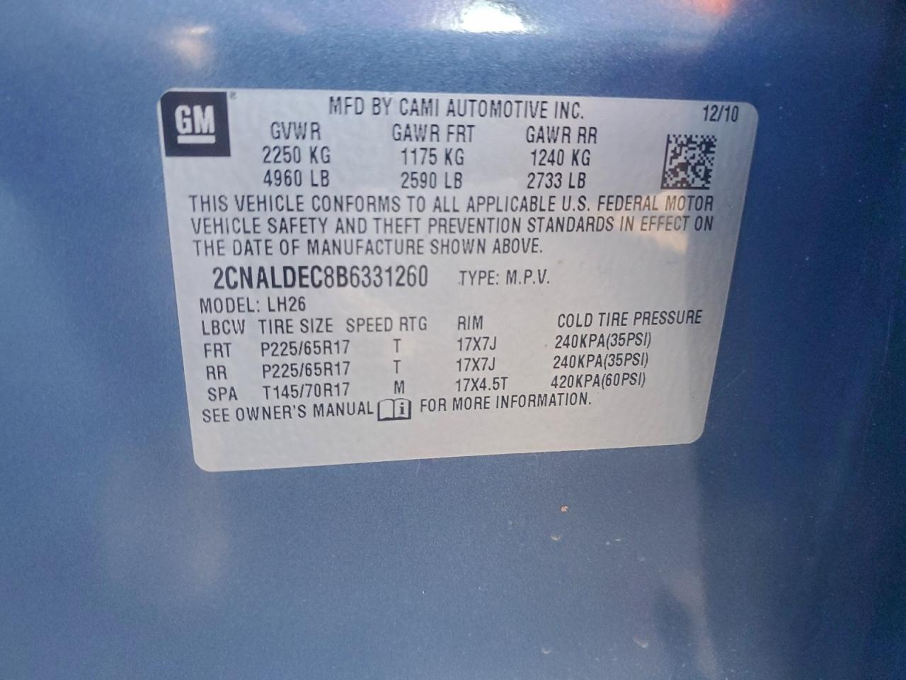 2011 Chevrolet Equinox Lt VIN: 2CNALDEC8B6331260 Lot: 94798775