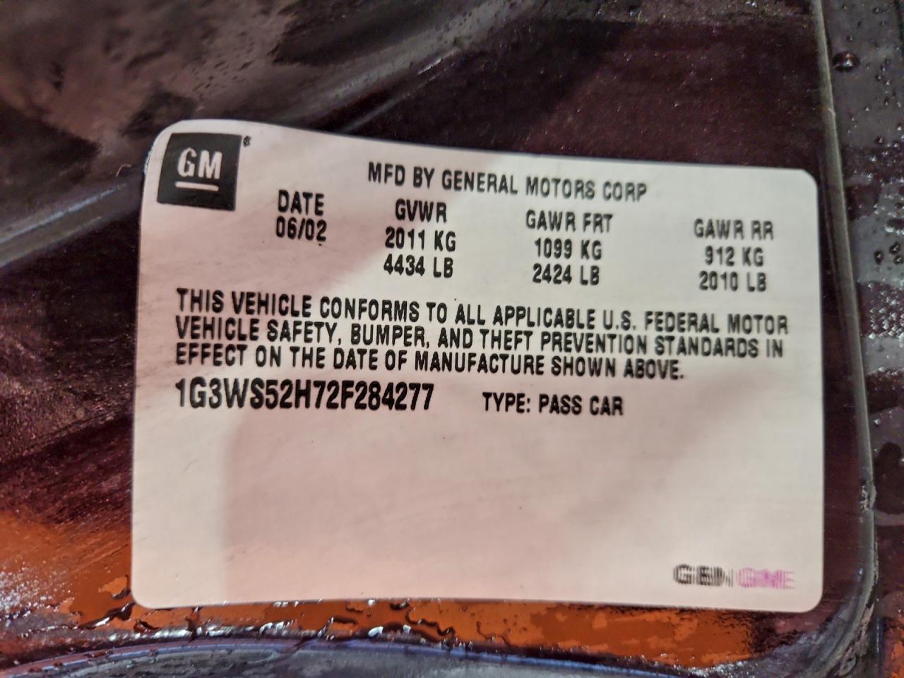 2002 Oldsmobile Intrigue Gl VIN: 1G3WS52H72F284277 Lot: 94688155