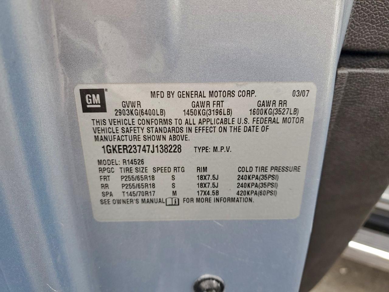 2007 GMC Acadia Slt-1 VIN: 1GKER23747J138228 Lot: 95906115