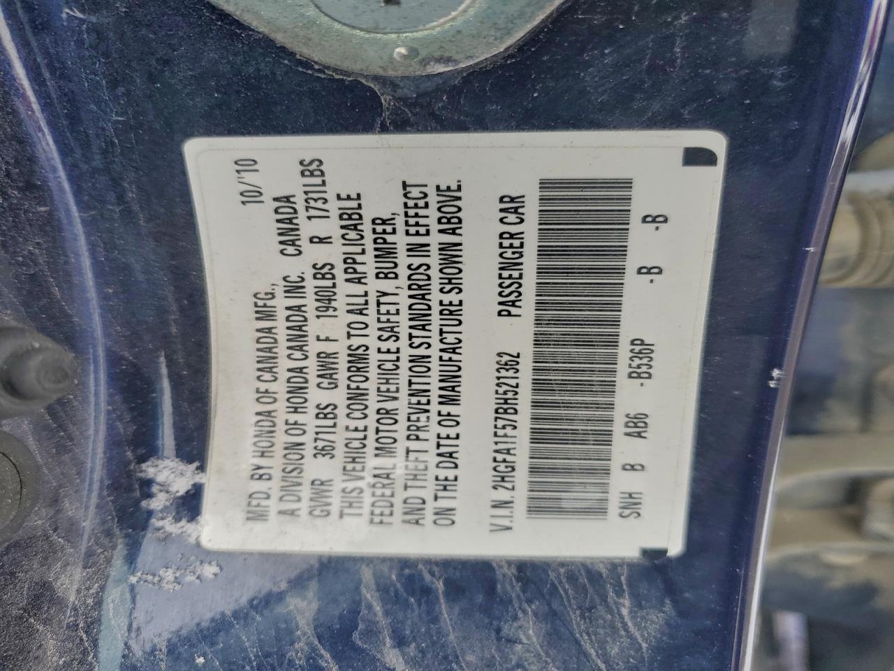 2011 Honda Civic Lx VIN: 2HGFA1F57BH521362 Lot: 94704375