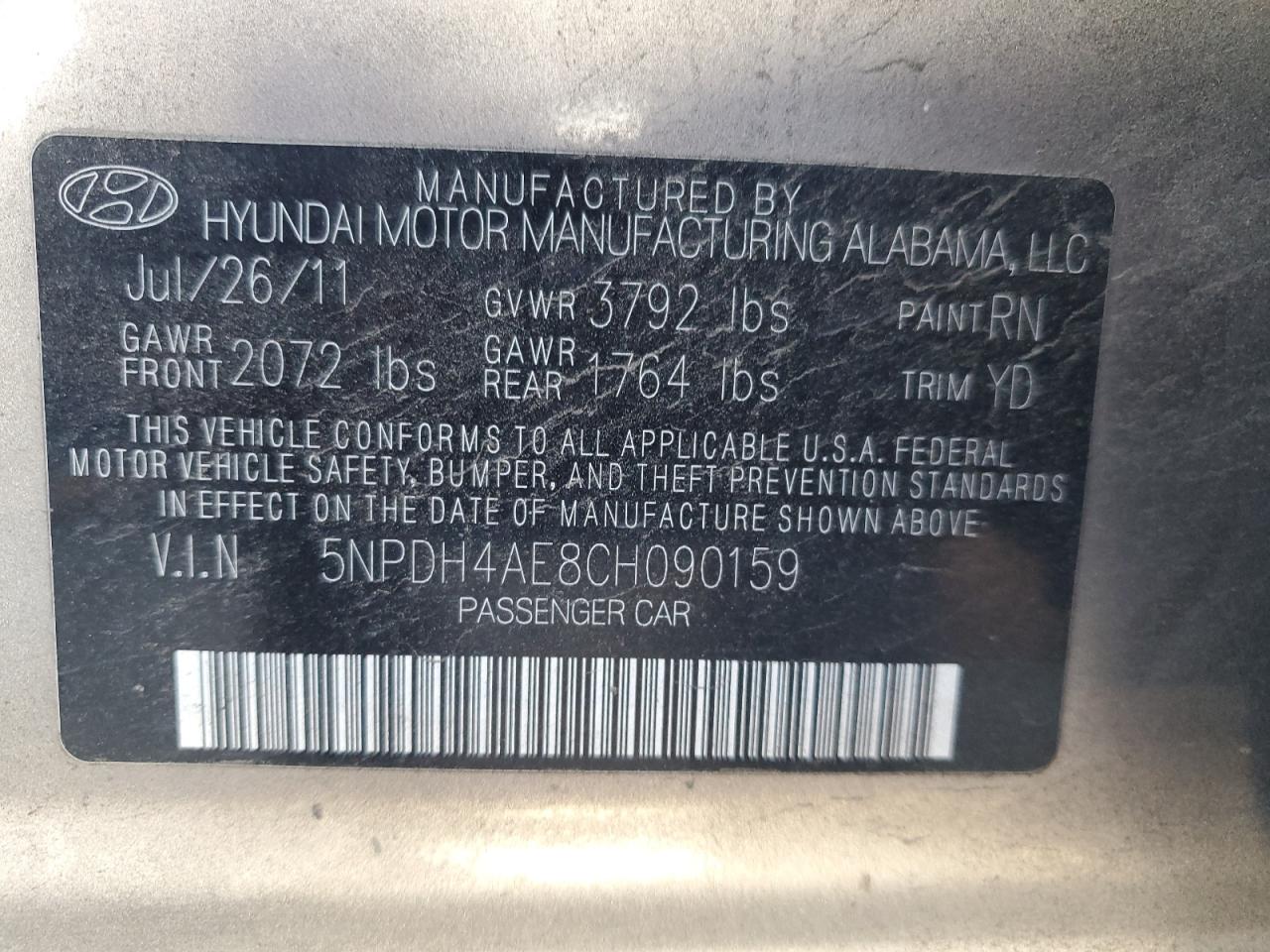 2012 Hyundai Elantra Gls VIN: 5NPDH4AE8CH090159 Lot: 97155825