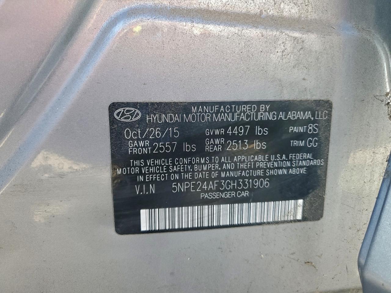 2016 Hyundai Sonata Se VIN: 5NPE24AF3GH331906 Lot: 95514555