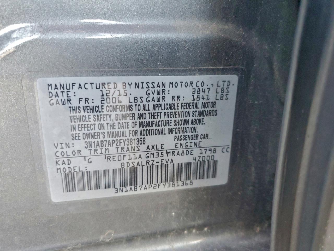 2015 Nissan Sentra S VIN: 3N1AB7AP2FY381368 Lot: 95068705