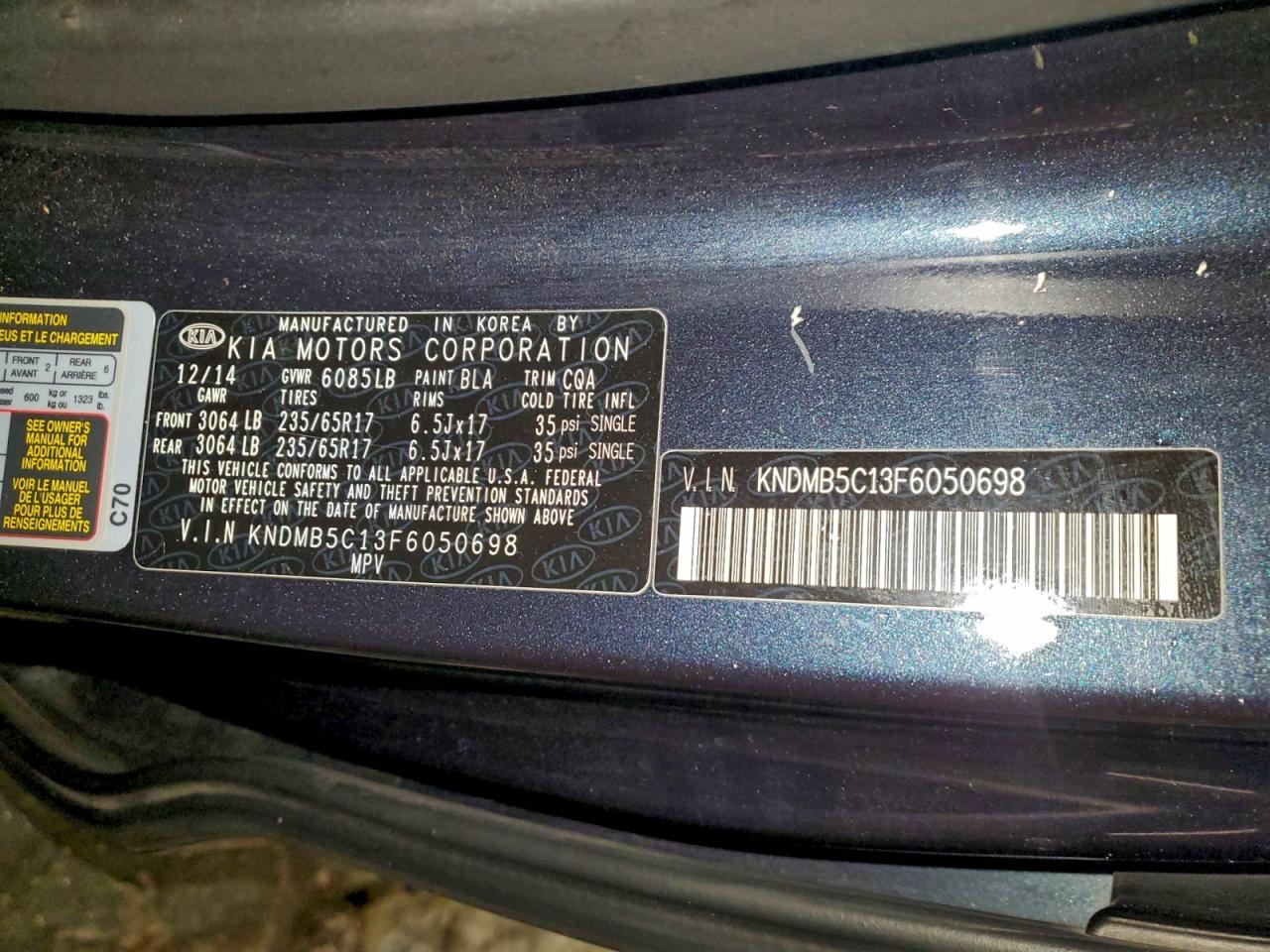 2015 Kia Sedona Lx VIN: KNDMB5C13F6050698 Lot: 95304785