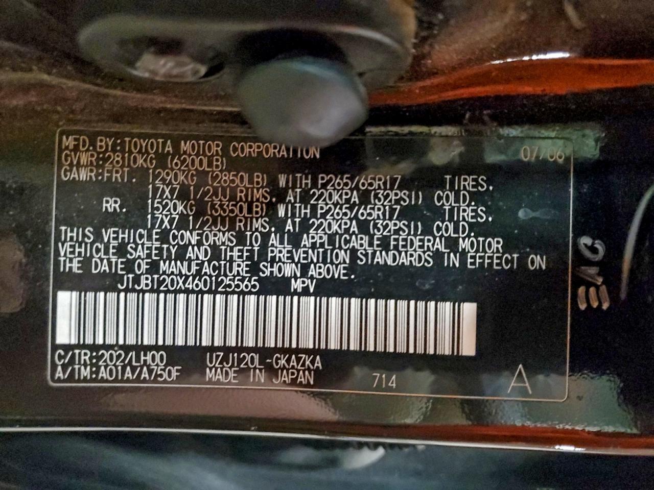 2006 Lexus Gx 470 VIN: JTJBT20X460125565 Lot: 95499395