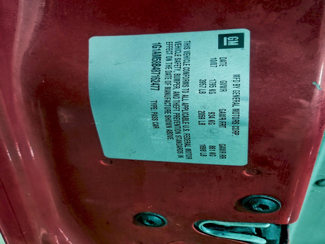 2008 Chevrolet Cobalt Sport VIN: 1G1AM58B487162477 Lot: 95488485