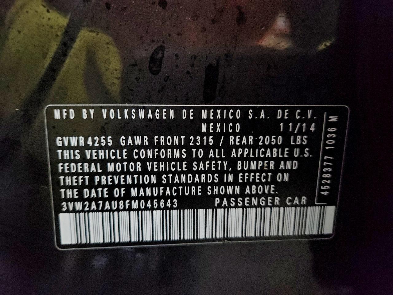 2015 Volkswagen Golf Tdi VIN: 3VW2A7AU8FM045643 Lot: 94926575