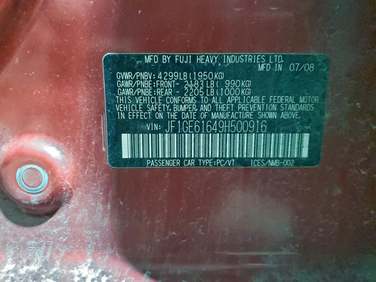 2009 Subaru Impreza 2.5I VIN: JF1GE61649H500916 Lot: 94638705