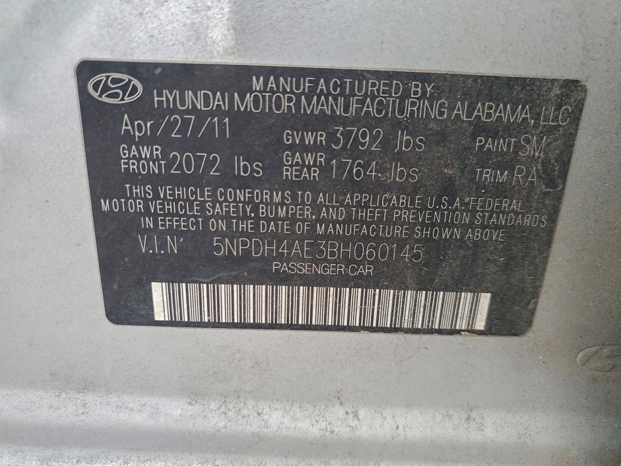 2011 Hyundai Elantra Gls VIN: 5NPDH4AE3BH060145 Lot: 95254545