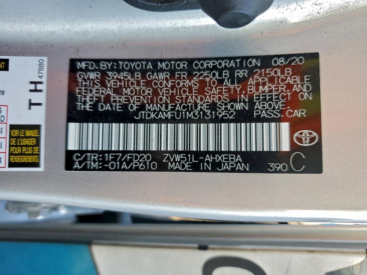 2021 Toyota Prius Special Edition VIN: JTDKAMFU1M3131952 Lot: 94747355