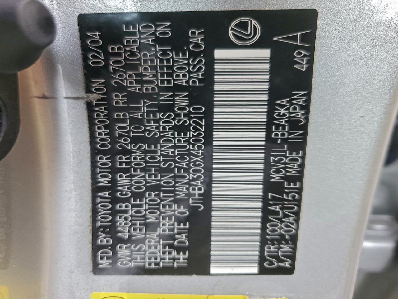 2004 Lexus Es 330 VIN: JTHBA30GX45032210 Lot: 94598475