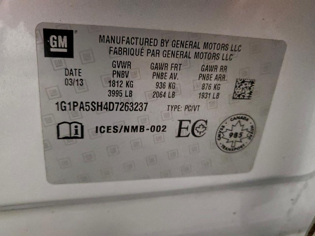 2013 Chevrolet Cruze Ls VIN: 1G1PA5SH4D7263237 Lot: 95108015