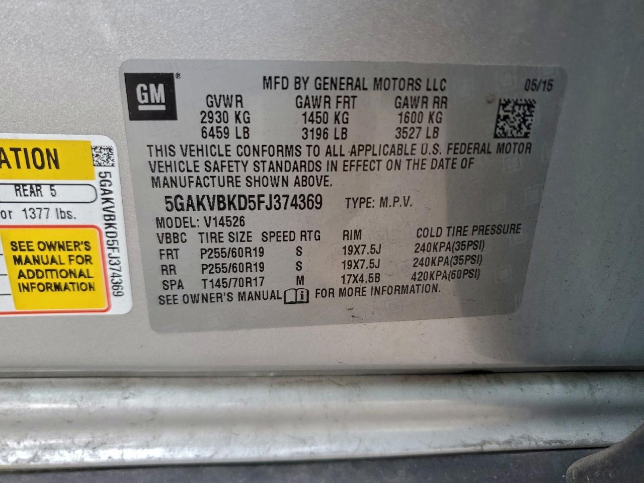 2015 Buick Enclave VIN: 5GAKVBKD5FJ374369 Lot: 95198055