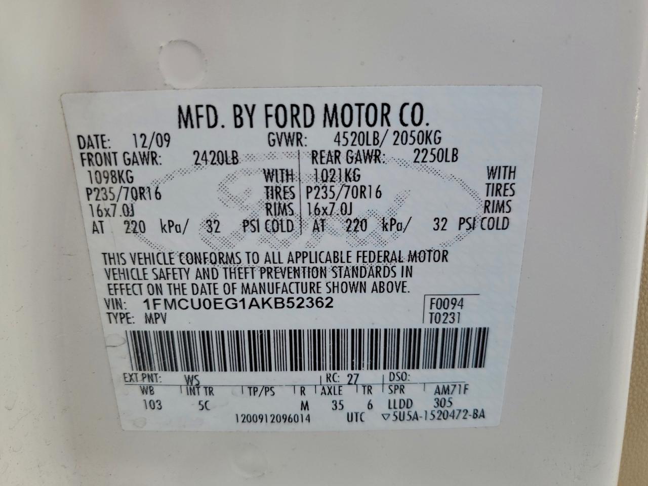 2010 Ford Escape Limited VIN: 1FMCU0EG1AKB52362 Lot: 95805275