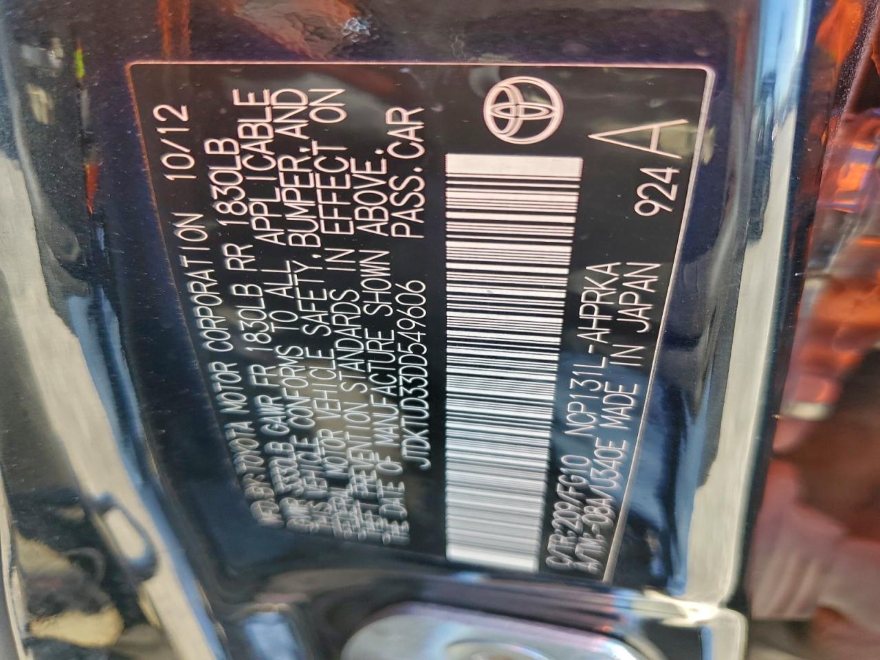 2013 Toyota Yaris VIN: JTDKTUD33DD549606 Lot: 94342325