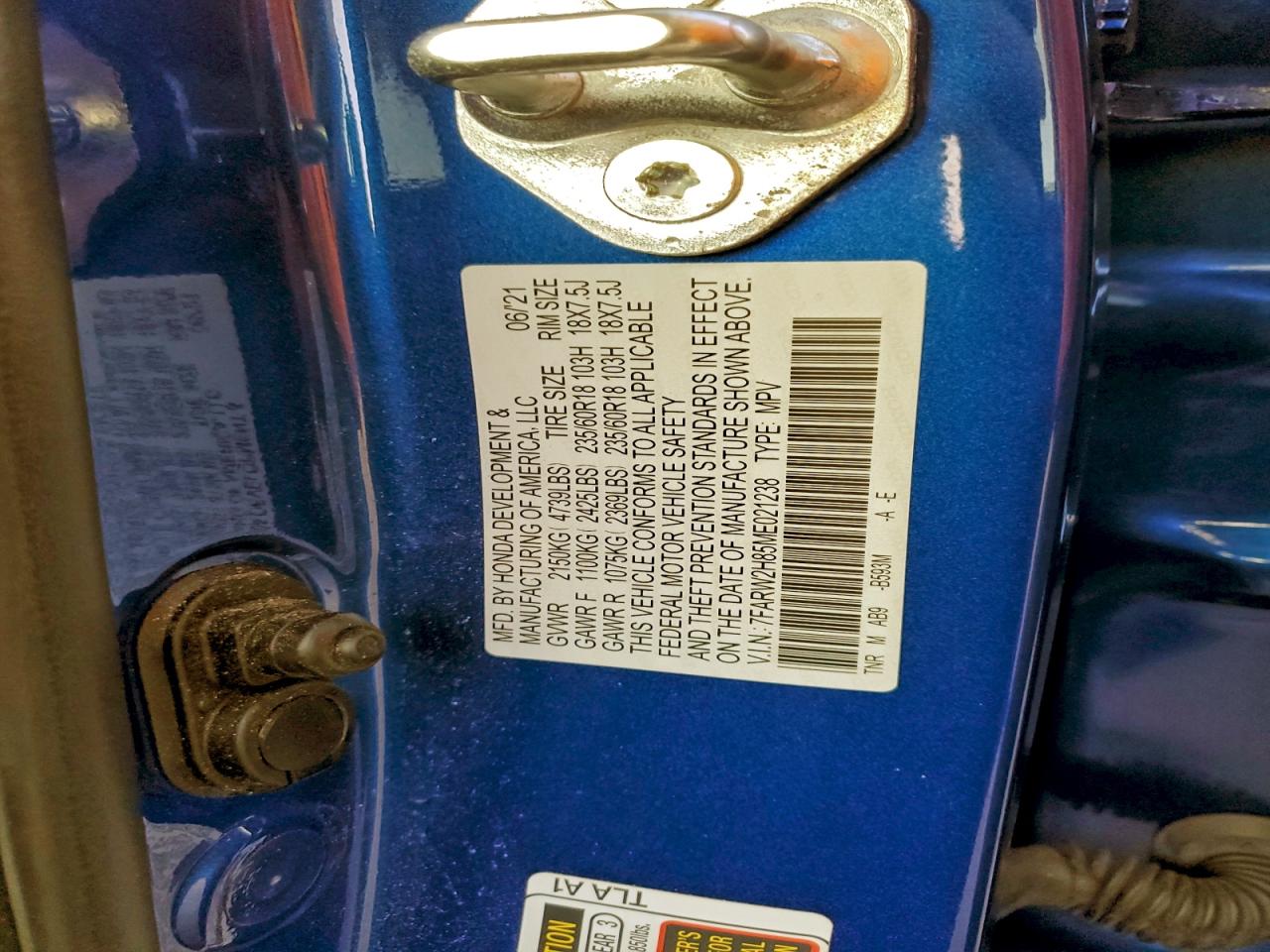 2021 Honda Cr-V Exl VIN: 7FARW2H85ME021238 Lot: 94252355