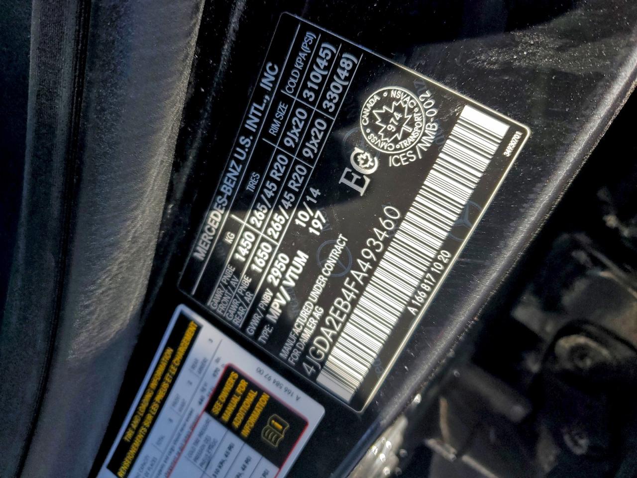 2015 Mercedes-Benz Ml 350 Bluetec VIN: 4JGDA2EB4FA493460 Lot: 95056695