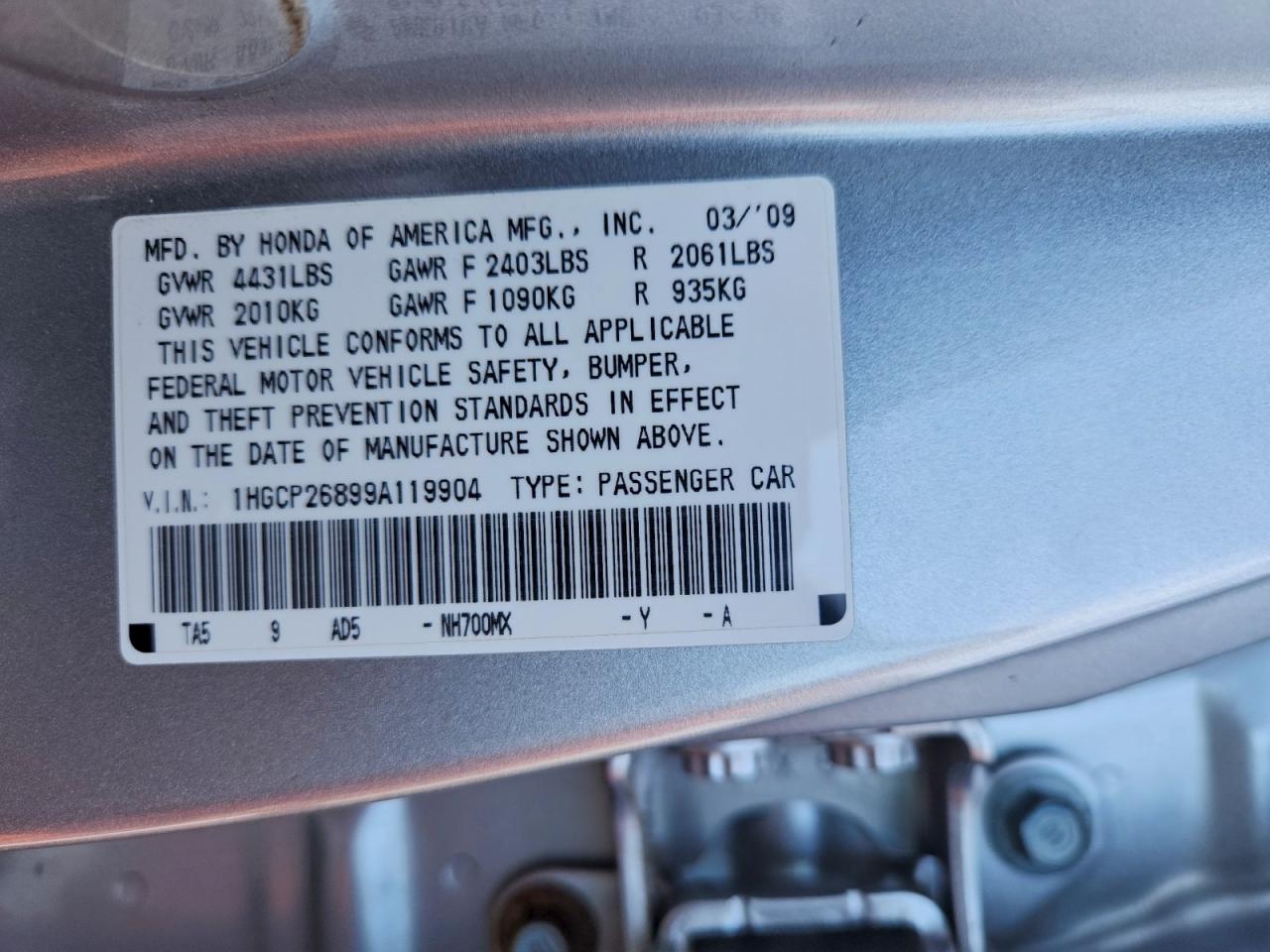 2009 Honda Accord Exl VIN: 1HGCP26899A119904 Lot: 94880625