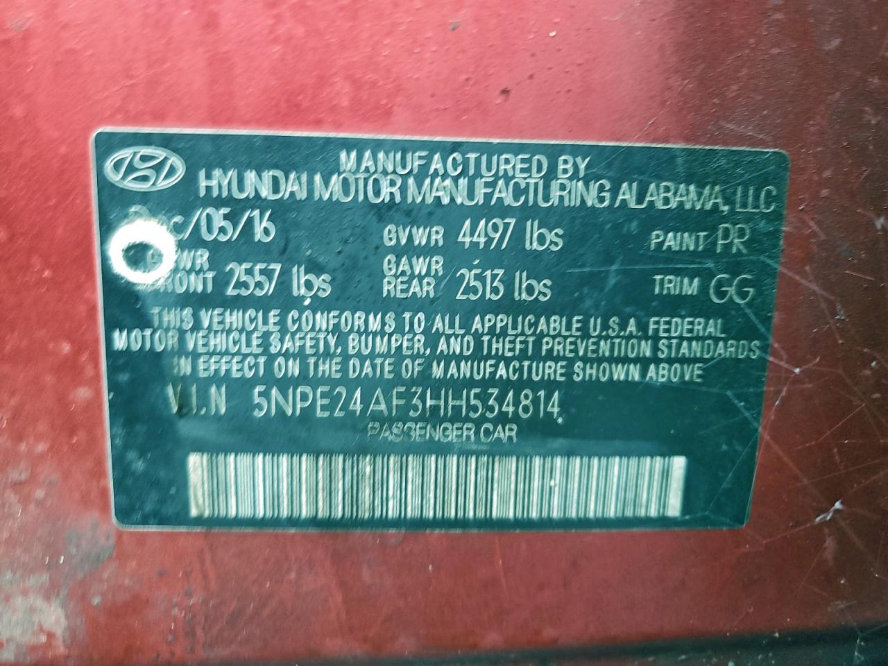 2017 Hyundai Sonata Se VIN: 5NPE24AF3HH534814 Lot: 96025735