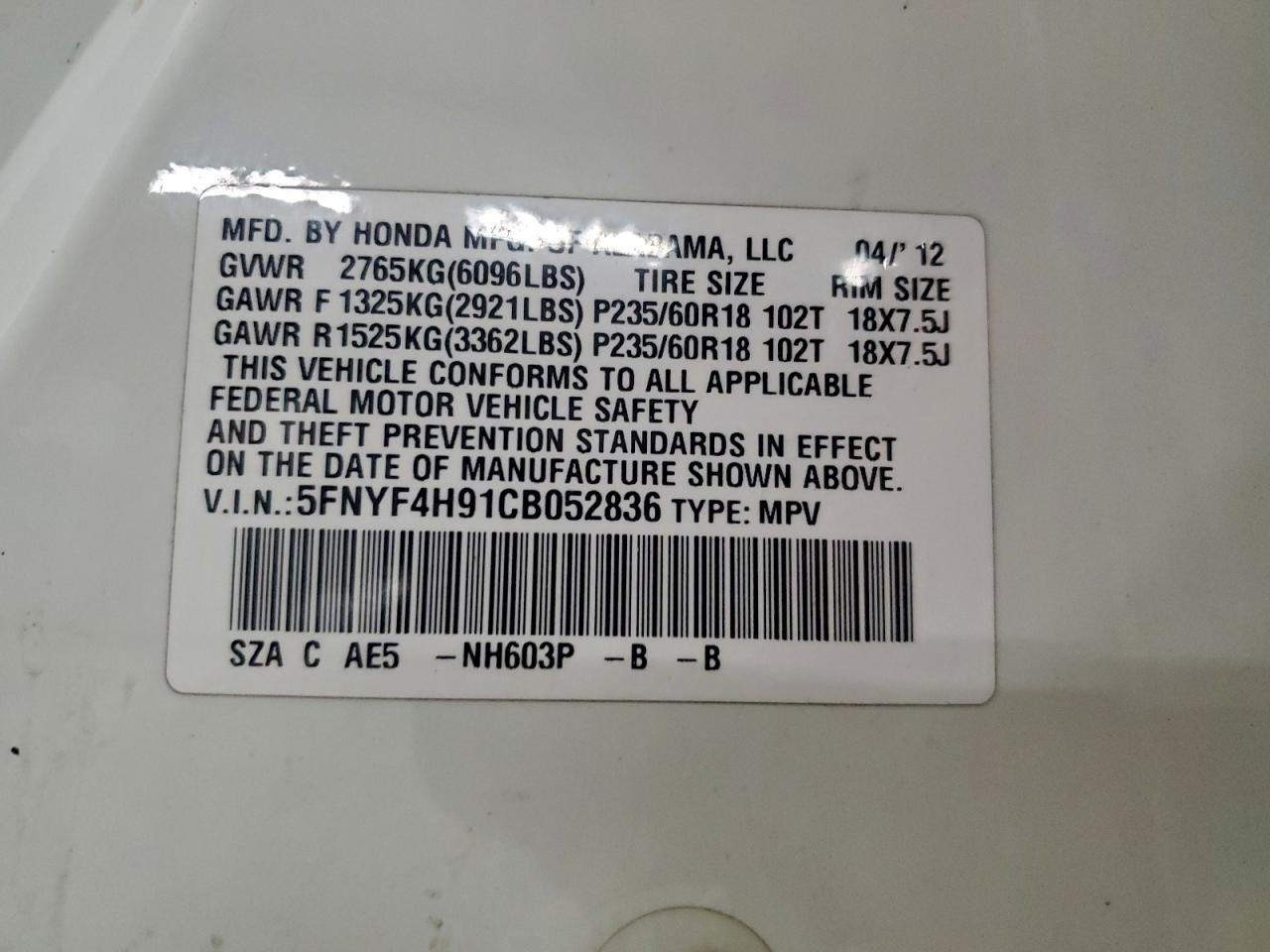 2012 Honda Pilot Touring VIN: 5FNYF4H91CB052836 Lot: 96455355