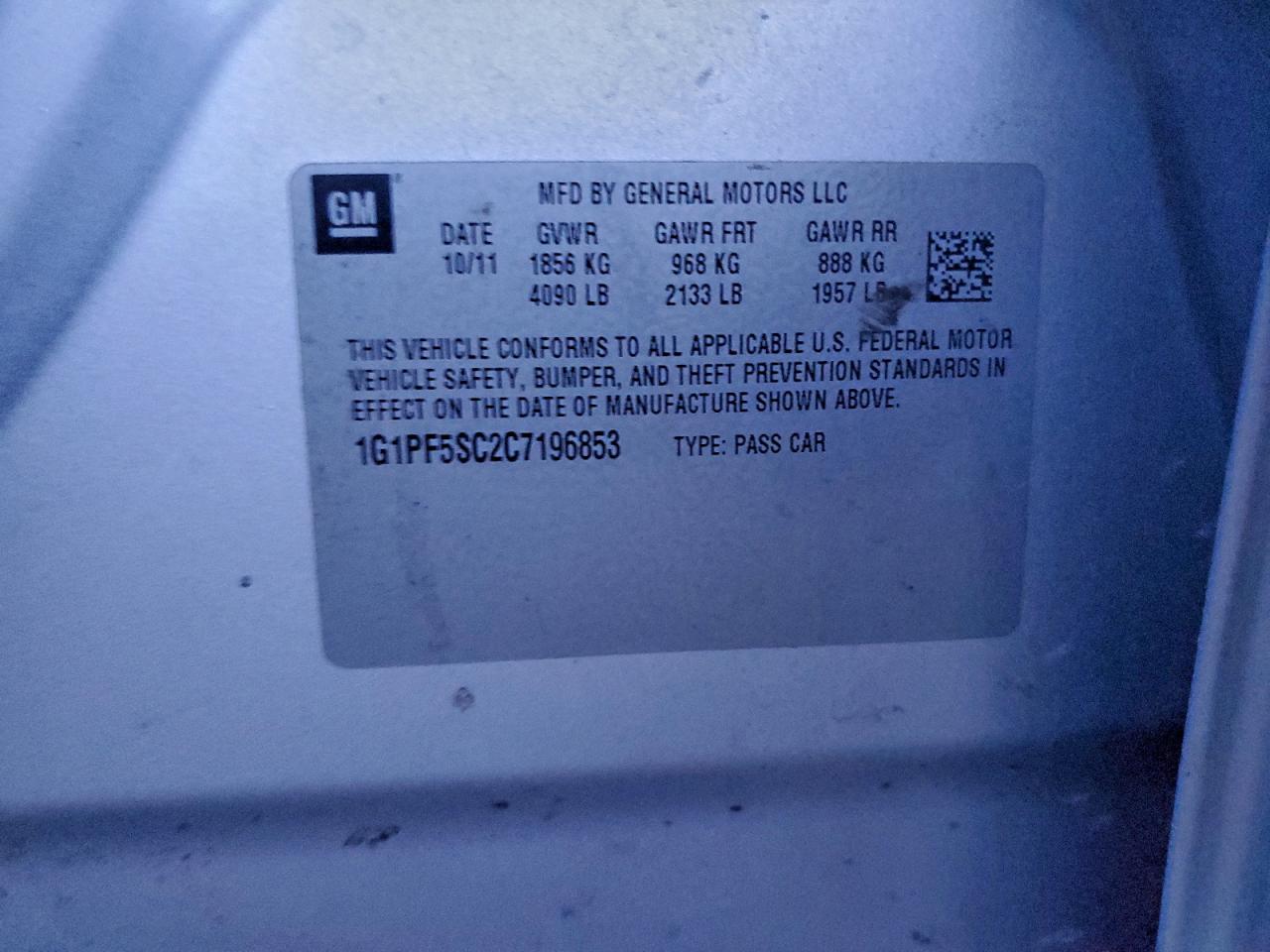 2012 Chevrolet Cruze Lt VIN: 1G1PF5SC2C7196853 Lot: 94827145