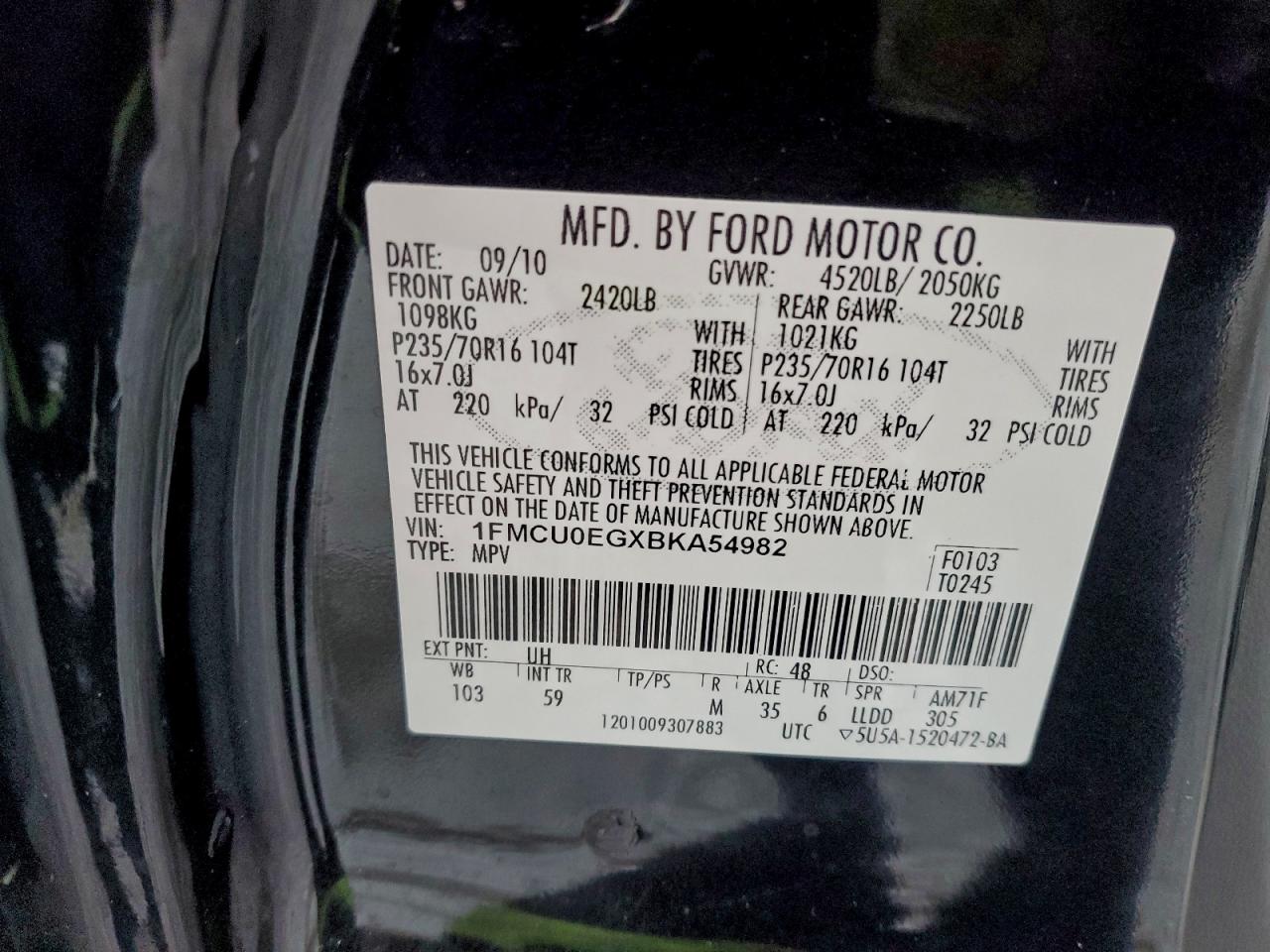 2011 Ford Escape Limited VIN: 1FMCU0EGXBKA54982 Lot: 96554665
