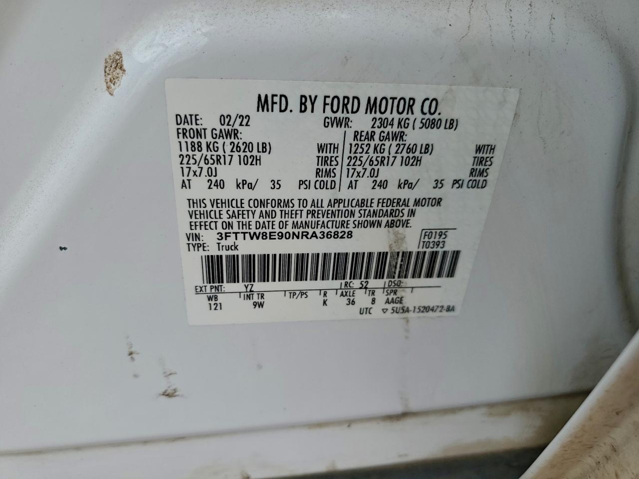 2022 Ford Maverick Xl VIN: 3FTTW8E90NRA36828 Lot: 95220485