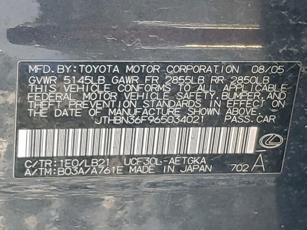 2006 Lexus Ls 430 VIN: JTHBN36F965034021 Lot: 96194995