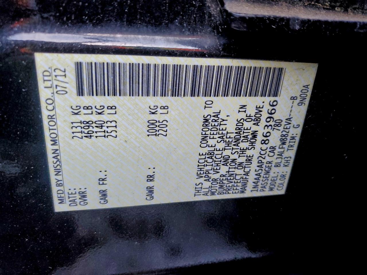 2012 Nissan Maxima S VIN: 1N4AA5AP2CC863966 Lot: 97565665