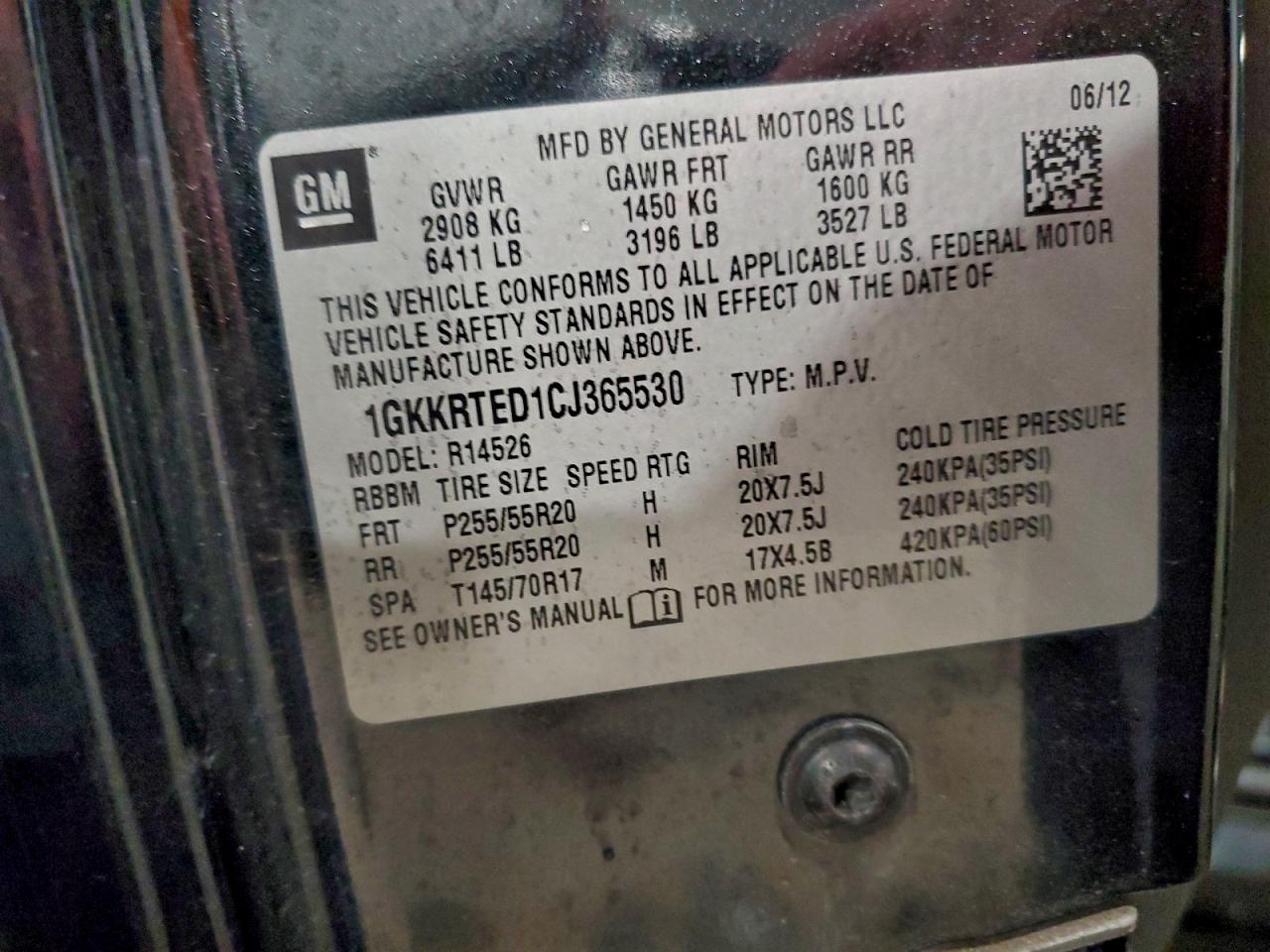 2012 GMC Acadia Denali VIN: 1GKKRTED1CJ365530 Lot: 95189815