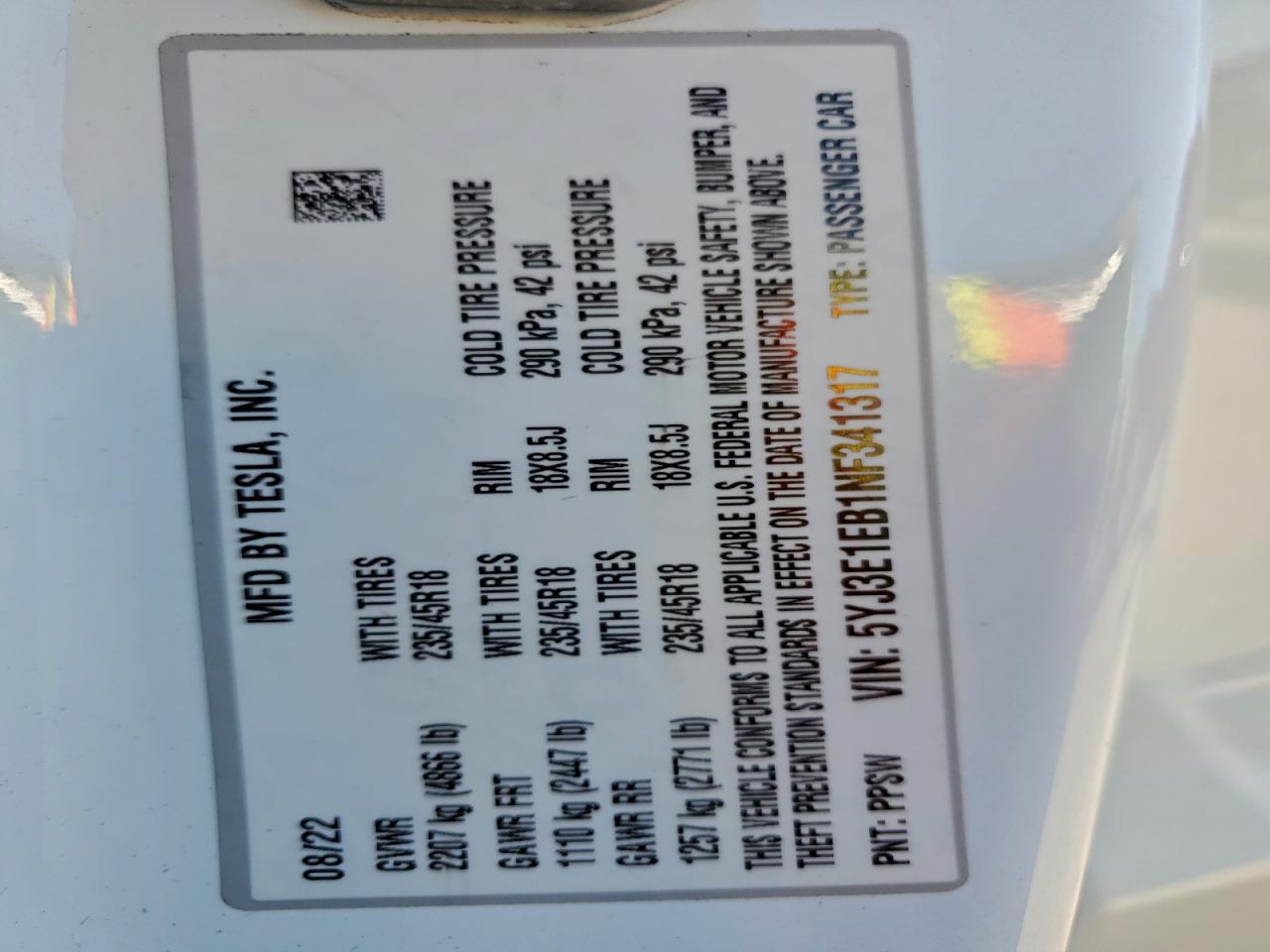 2022 Tesla Model 3 VIN: 5YJ3E1EB1NF341317 Lot: 94724815