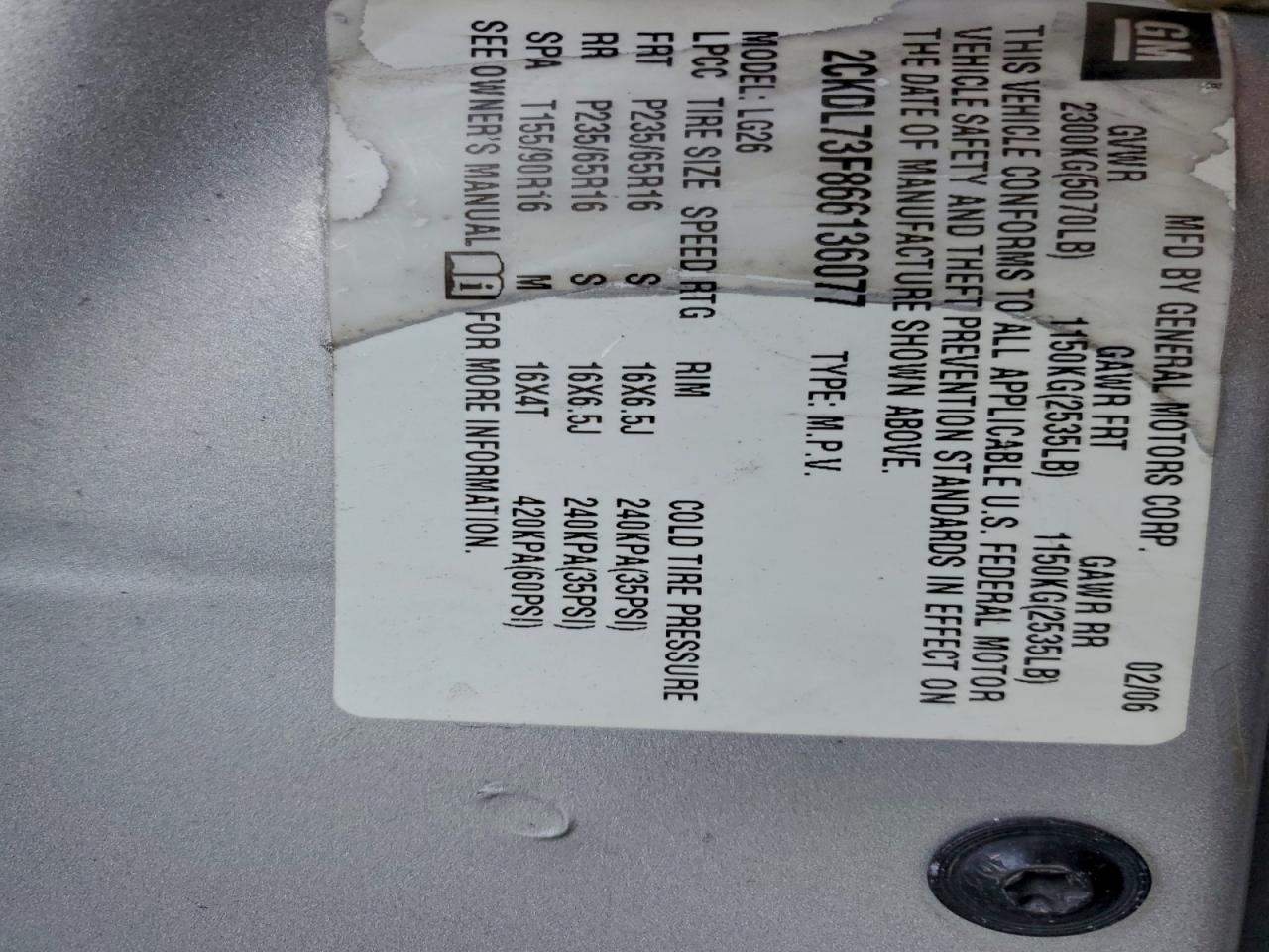 2006 Pontiac Torrent VIN: 2CKDL73F866136077 Lot: 97016335