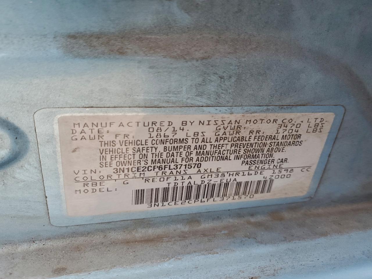 2015 Nissan Versa Note S VIN: 3N1CE2CP6FL371570 Lot: 95556735