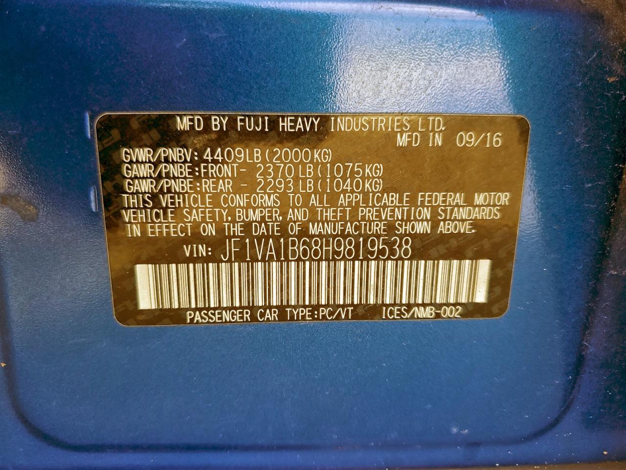 2017 Subaru Wrx VIN: JF1VA1B68H9819538 Lot: 95679575