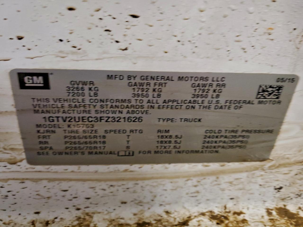 2015 GMC Sierra K1500 Sle VIN: 1GTV2UEC3FZ321626 Lot: 94500715