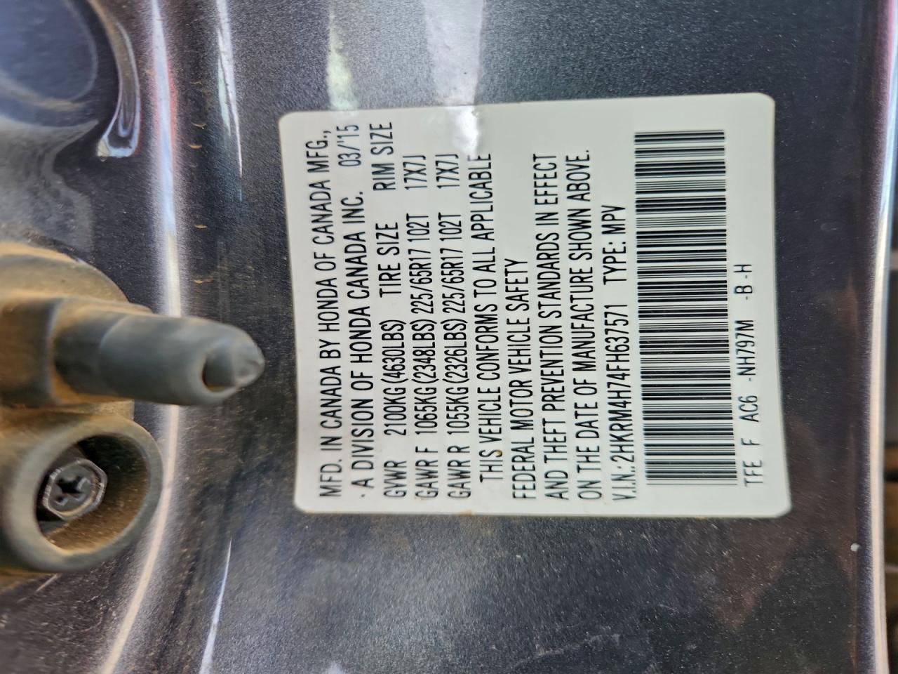 2015 Honda Cr-V Exl VIN: 2HKRM4H74FH637571 Lot: 97327825