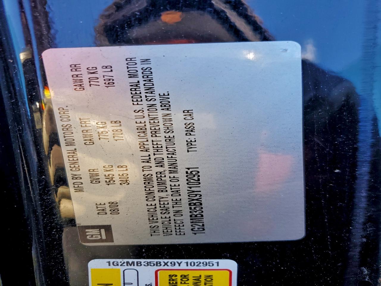 2009 Pontiac Solstice VIN: 1G2MB35BX9Y102951 Lot: 95654395