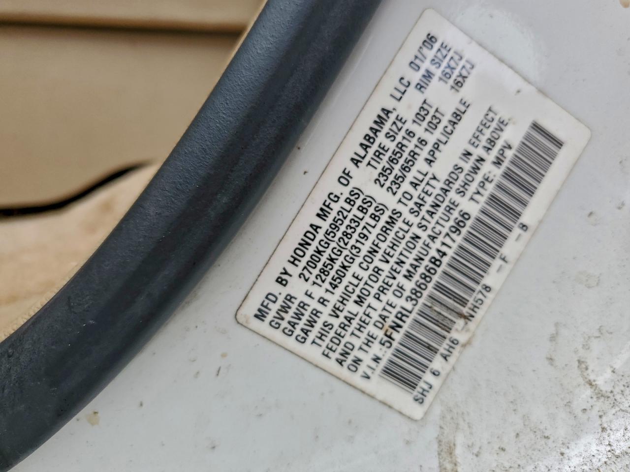 2006 Honda Odyssey Exl VIN: 5FNRL38686B417966 Lot: 92211305