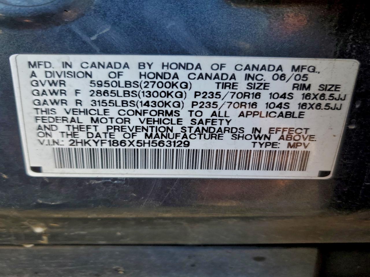 2005 Honda Pilot Exl VIN: 2HKYF186X5H563129 Lot: 94797635