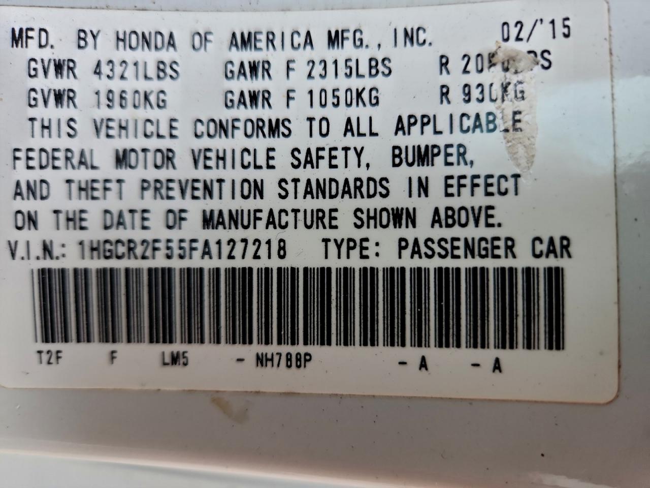 2015 Honda Accord Sport VIN: 1HGCR2F55FA127218 Lot: 95167685