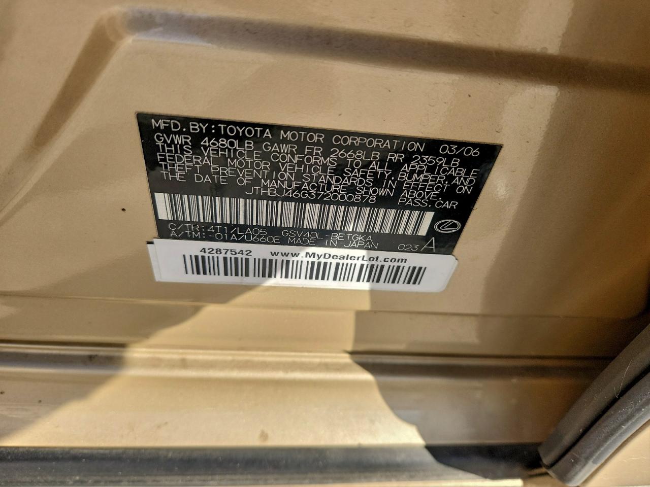 2007 Lexus Es 350 VIN: JTHBJ46G372000878 Lot: 95429315