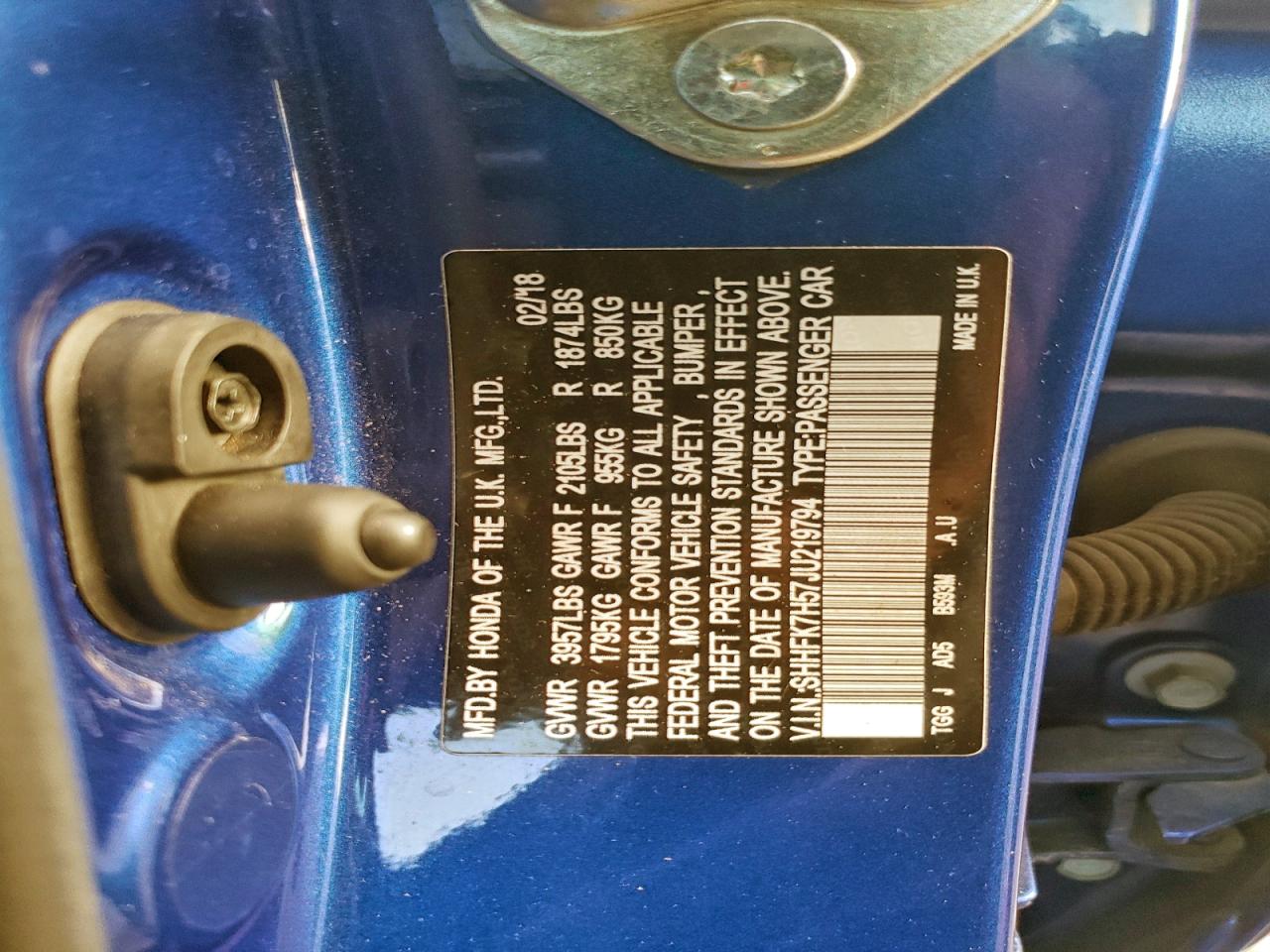 2018 Honda Civic Ex VIN: SHHFK7H57JU219794 Lot: 96219725