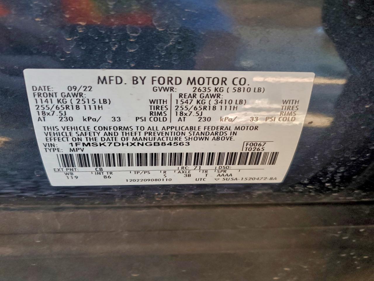 2022 Ford Explorer Xlt VIN: 1FMSK7DHXNGB84563 Lot: 95685695