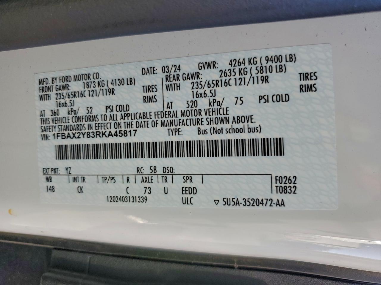 2024 Ford Transit T-350 VIN: 1FBAX2Y83RKA45817 Lot: 94558515