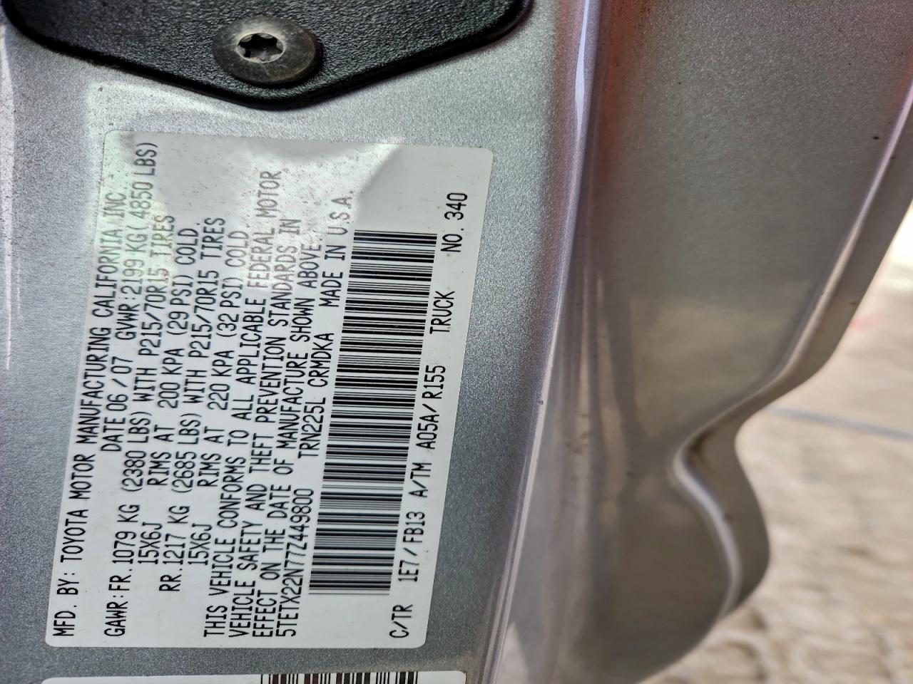 2007 Toyota Tacoma Access Cab VIN: 5TETX22N77Z449800 Lot: 96122735